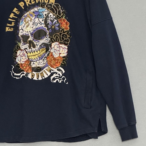 Elite Premium Jeans Mens Sweatshirt XL Blue Skull Sequins Beads Goth Grunge Y2K - Picture 3 of 10